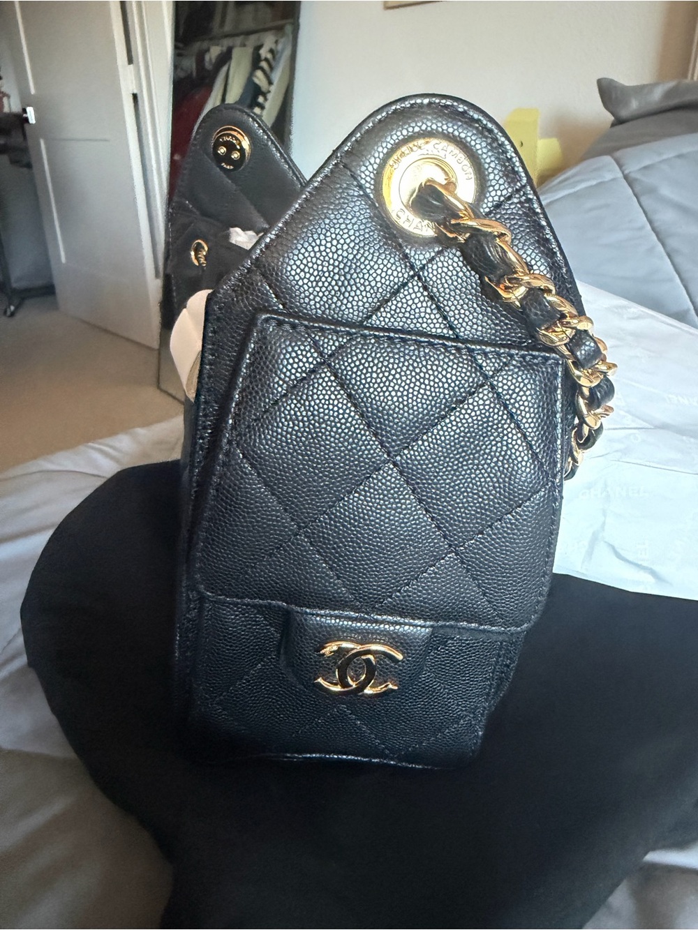 CHANEL Black Quilted Caviar Leather Shoulder Bag with Gold Chain